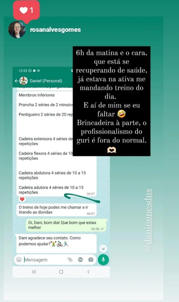Depoimento Instagram de Rosa — profissionalismo e treino às 6h