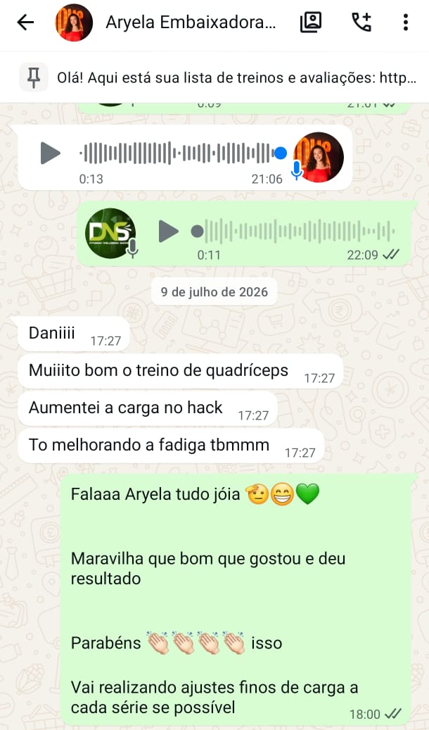 Depoimento WhatsApp de Aryela — evolução no treino de quadríceps